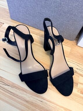 Black Suede Ankle Strap Block Heel Sandals - Women